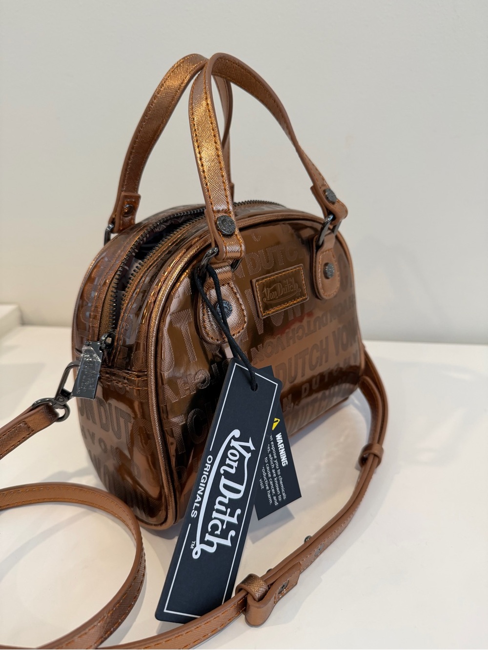 Von Dutch Metallic Brown Mini Dome Crossbody Satchel - Picture 2 of 3